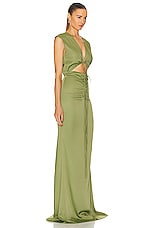 Lapointe Stretch Satin Shirred V Neck Maxi Dress in Olive, view 2, click to view large image.