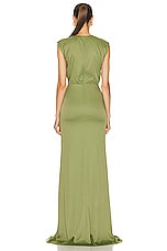 Lapointe Stretch Satin Shirred V Neck Maxi Dress in Olive, view 3, click to view large image.