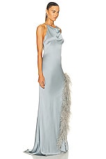 Lapointe Doubleface Satin Halter Cowl Neck Ostrich Gown in Dove, view 2, click to view large image.