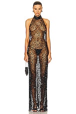 Lapointe Net Mesh Sequin Halter Open Back Gown in Black, view 1, click to view large image.