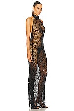 Lapointe Net Mesh Sequin Halter Open Back Gown in Black, view 2, click to view large image.