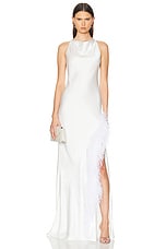 Lapointe Doubleface Satin Ostrich Halter Cowl Neck Gown in White, view 1, click to view large image.