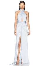 Lapointe Doubleface Satin Criss Cross Halter Cut Out Gown in Cloud, view 1, click to view large image.