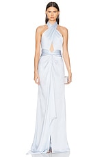 Lapointe Doubleface Satin Criss Cross Halter Cut Out Gown in Cloud, view 2, click to view large image.