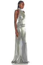 Lapointe Metallic Organza Halter Open Back Gown in Steel, view 2, click to view large image.