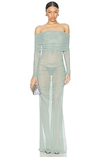 Lapointe Mesh Off The Shoulder Gown in Cyan, view 1, click to view large image.