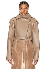 Lapointe Bonded Faux Leather Belted Moto Jacket in Taupe, view 2, click to view large image.