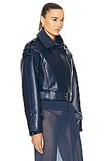 Lapointe Bonded Faux Leather Belted Moto Jacket in Ink, view 3, click to view large image.