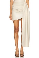 Lapointe Stretch Faux Leather Drape Mini Skirt in Sand, view 1, click to view large image.