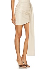 Lapointe Stretch Faux Leather Drape Mini Skirt in Sand, view 2, click to view large image.