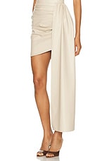 Lapointe Stretch Faux Leather Drape Mini Skirt in Sand, view 3, click to view large image.