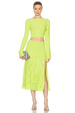 Lapointe Crepe Matte Viscose Flared Ostrich Midi Skirt in Lime, view 5, click to view large image.