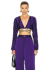 Lapointe Doubleface Satin Long Sleeve Tie Waist Top in Violet, view 1, click to view large image.