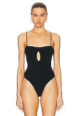 Lapointe Shiny Viscose Slit Front Bodysuit in Black, view 2, click to view large image.