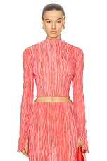 Lapointe Pleated Georgette Long Sleeve High Neck Top in Hot Coral & Lotus, view 1, click to view large image.