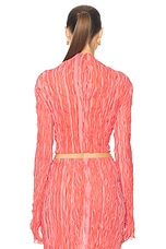 Lapointe Pleated Georgette Long Sleeve High Neck Top in Hot Coral & Lotus, view 3, click to view large image.
