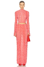 Lapointe Pleated Georgette Long Sleeve High Neck Top in Hot Coral & Lotus, view 4, click to view large image.