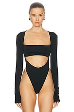 Lapointe Lightweight Jersey Long Sleeve Bandeau Bodysuit Top in Black, view 2, click to view large image.