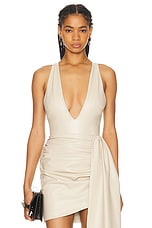 Lapointe Stretch Faux Leather Plunge Neck Bodysuit Top in Sand, view 1, click to view large image.