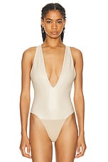 Lapointe Stretch Faux Leather Plunge Neck Bodysuit Top in Sand, view 2, click to view large image.
