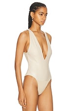 Lapointe Stretch Faux Leather Plunge Neck Bodysuit Top in Sand, view 3, click to view large image.