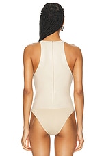 Lapointe Stretch Faux Leather Plunge Neck Bodysuit Top in Sand, view 4, click to view large image.