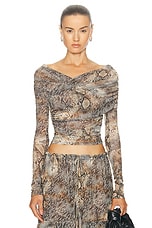 Lapointe Printed Mesh Off Shoulder Wrap Top in Snake Print, view 1, click to view large image.