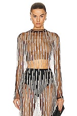 Lapointe Mesh Diamond Fringe Long Sleeve Mock Top in Black, view 1, click to view large image.