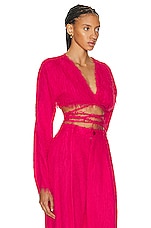 Lapointe Lightweight Fringe Long Sleeve Tie Waist Top in Cerise, view 2, click to view large image.