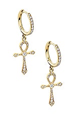 Logan Hollowell Pave Eternal Ankh Cross Hoop Earrings in 14k Gold, view 1, click to view large image.