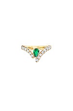 Logan Hollowell French Pave Diamond Tusk Ring in White Diamond, Emerald, & 14k Yellow Gold, view 1, click to view large image.