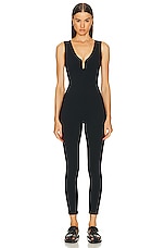 Le Ore Veneto Deep V Neck Catsuit in Black, view 1, click to view large image.
