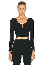 Le Ore Veneto Deep V Neck Long Sleeve Top in Black, view 1, click to view large image.