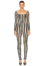 LaQuan Smith Off Shoulder Striped Catsuit in Black, view 1, click to view large image.