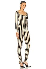 LaQuan Smith Off Shoulder Striped Catsuit in Black, view 2, click to view large image.