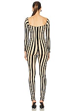 LaQuan Smith Off Shoulder Striped Catsuit in Black, view 3, click to view large image.