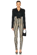 LaQuan Smith Off Shoulder Striped Catsuit in Black, view 4, click to view large image.