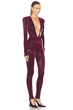 LaQuan Smith Long Sleeve Plunging Jumpsuit in Oxblood, view 2, click to view large image.