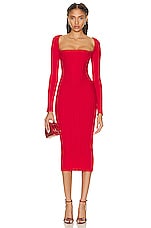 LaQuan Smith Off The Shoulder Midi Dress in Cherry, view 1, click to view large image.