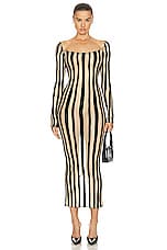 LaQuan Smith Boat Neck Striped Mid Length Gown in Nude & Black, view 1, click to view large image.