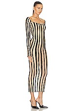LaQuan Smith Boat Neck Striped Mid Length Gown in Nude & Black, view 2, click to view large image.
