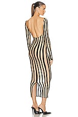 LaQuan Smith Boat Neck Striped Mid Length Gown in Nude & Black, view 3, click to view large image.