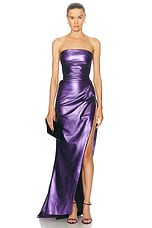 LaQuan Smith Strapless Gown With Thigh High Slit in Grape, view 1, click to view large image.