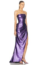 LaQuan Smith Strapless Gown With Thigh High Slit in Grape, view 2, click to view large image.