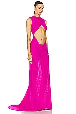 LaQuan Smith Sleeveless Criss Cross Draping Gown in Fuchsia, view 2, click to view large image.