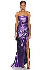 LaQuan Smith Strapless Gown Thigh High Slit Gown in Grape, view 1, click to view large image.