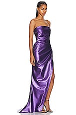 LaQuan Smith Strapless Gown Thigh High Slit Gown in Grape, view 2, click to view large image.