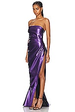 LaQuan Smith Strapless Gown Thigh High Slit Gown in Grape, view 3, click to view large image.