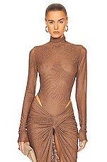 LaQuan Smith Mesh Crystal Mock Neck Bodysuit in Cognac, view 1, click to view large image.