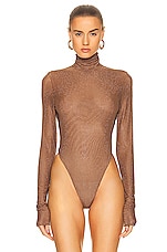 LaQuan Smith Mesh Crystal Mock Neck Bodysuit in Cognac, view 2, click to view large image.